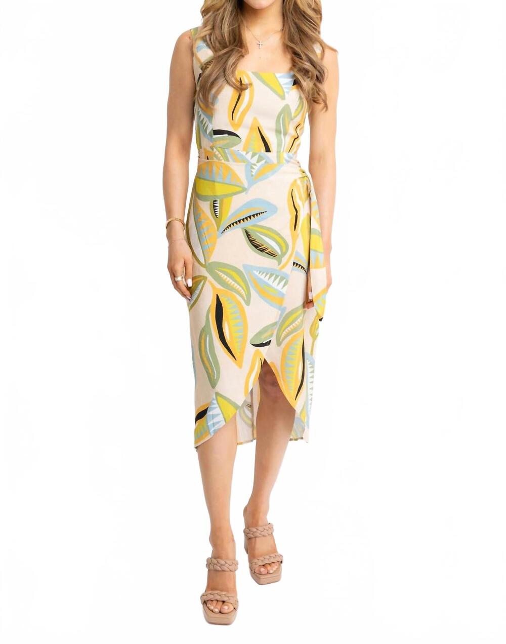 NEW KARLIE abstract leaf palm wrap dress in tan
